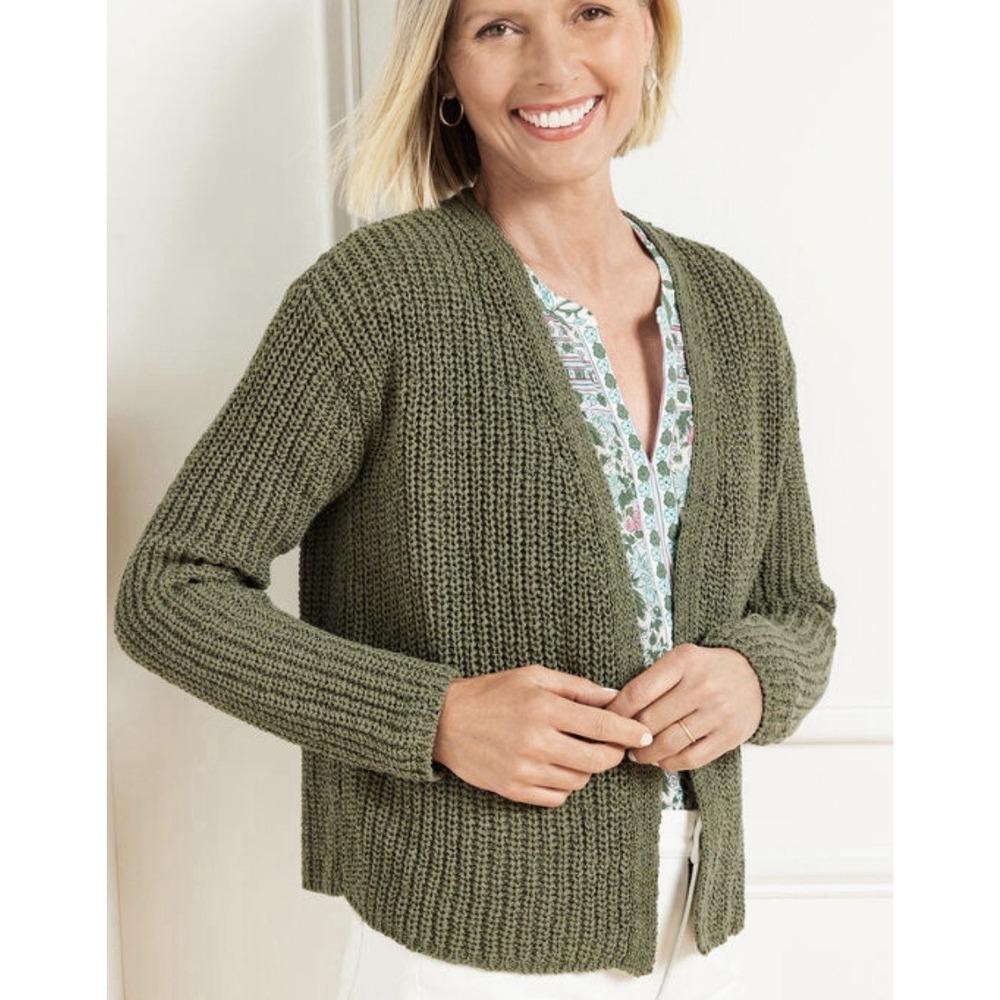 Talbots Open Knit Cardigan Women M Olive Green Cotton Granolagirl Coastal Cabin